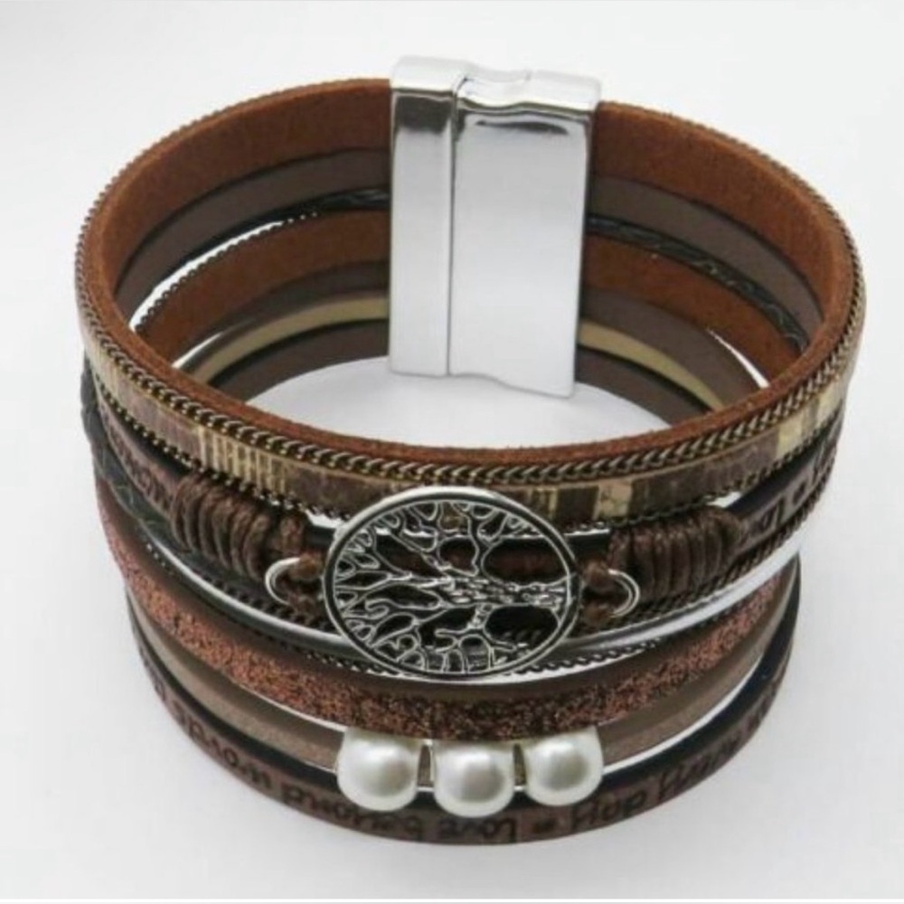 Handmade Multi-Strand Brown Leather Bracelet with Tree of Life & Beads, BNIB